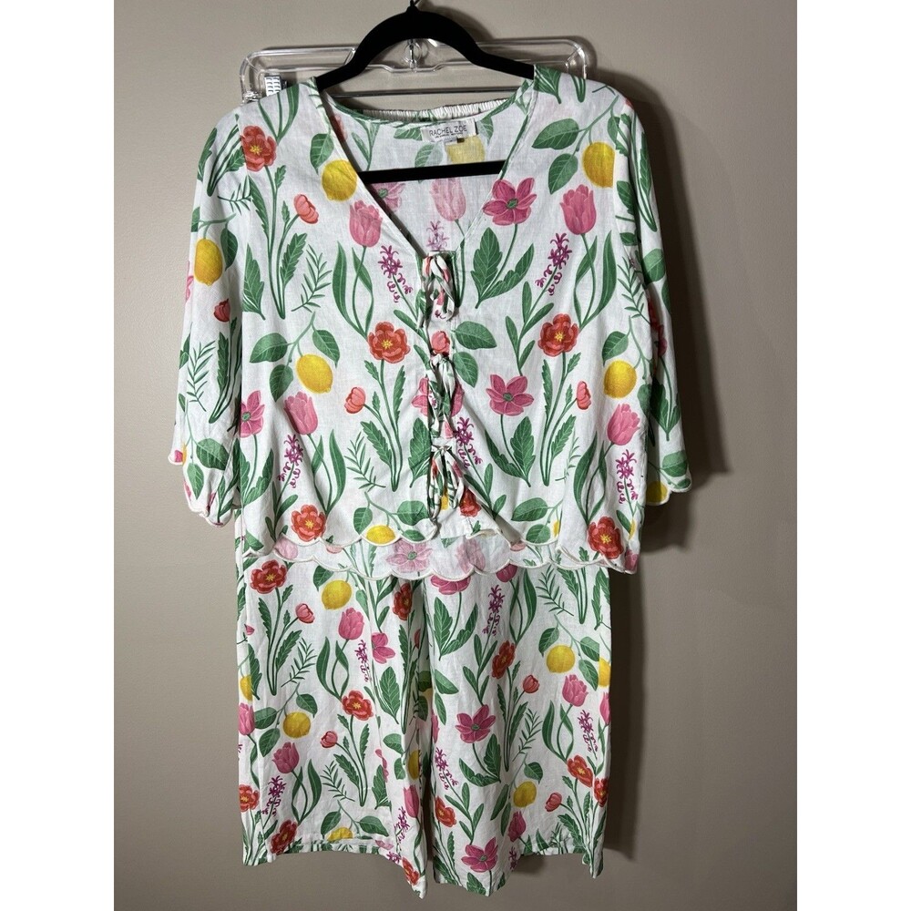 Rachel Zoe Floral 2 Piece Set Green White Linen Blend Top Pants Small
